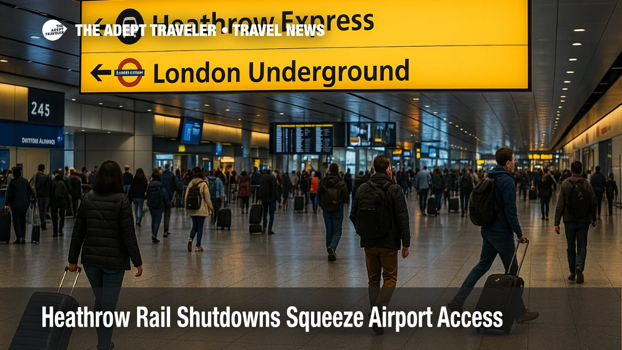 Travelers at London Heathrow Airport near signs for Heathrow Express during weekend rail shutdowns affecting airport access