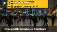 Travelers at London Heathrow Airport near signs for Heathrow Express during weekend rail shutdowns affecting airport access