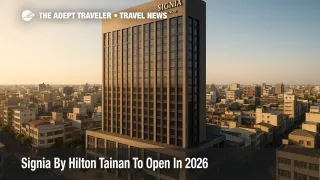 Exterior rendering of Signia by Hilton Tainan in central Tainan, with modern hotel tower rising above city streets.