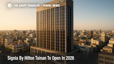 Exterior rendering of Signia by Hilton Tainan in central Tainan, with modern hotel tower rising above city streets.