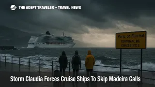 Storm Claudia disrupts Madeira cruise calls as a ship passes Funchal harbor under dark Atlantic clouds and whitecapped seas