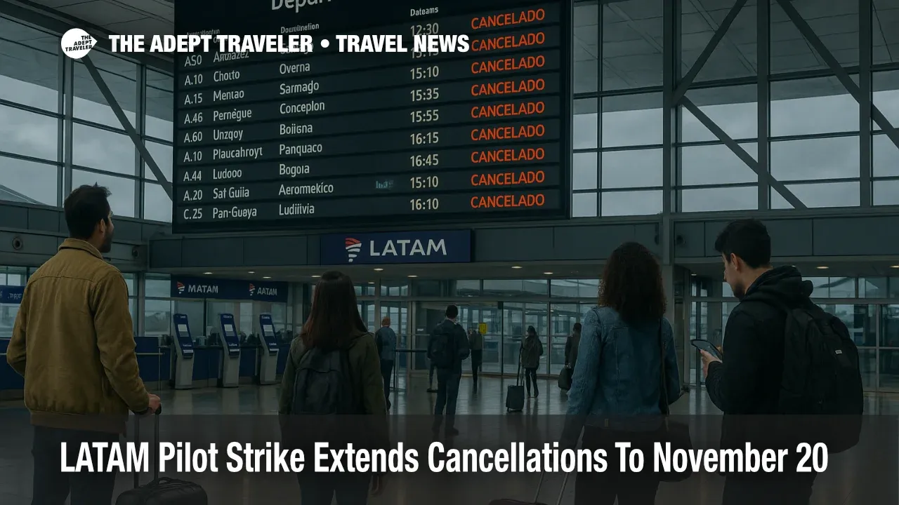 Departures hall at Santiago's main airport with a LATAM flight board showing multiple cancellations during the pilots strike in November 2025