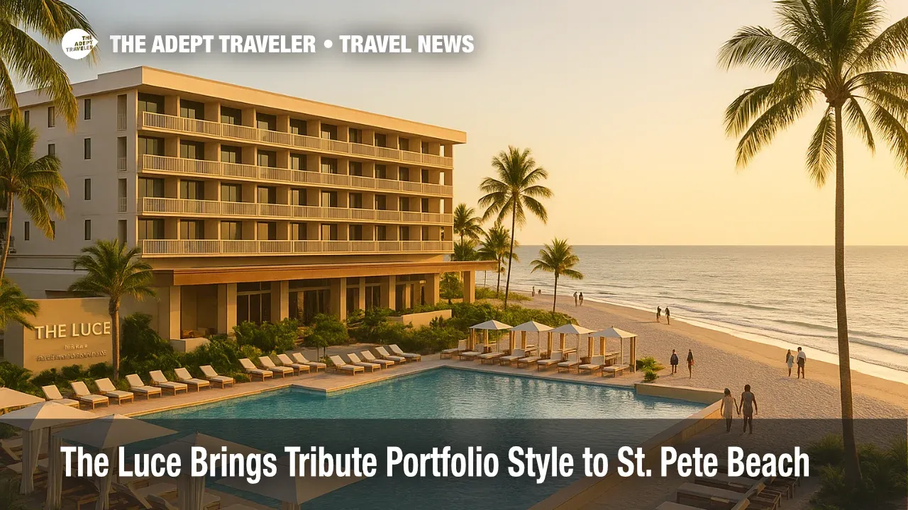 Beachfront view of The Luce St. Pete Beach hotel with palm trees, pool deck, and Gulf shoreline at sunset
