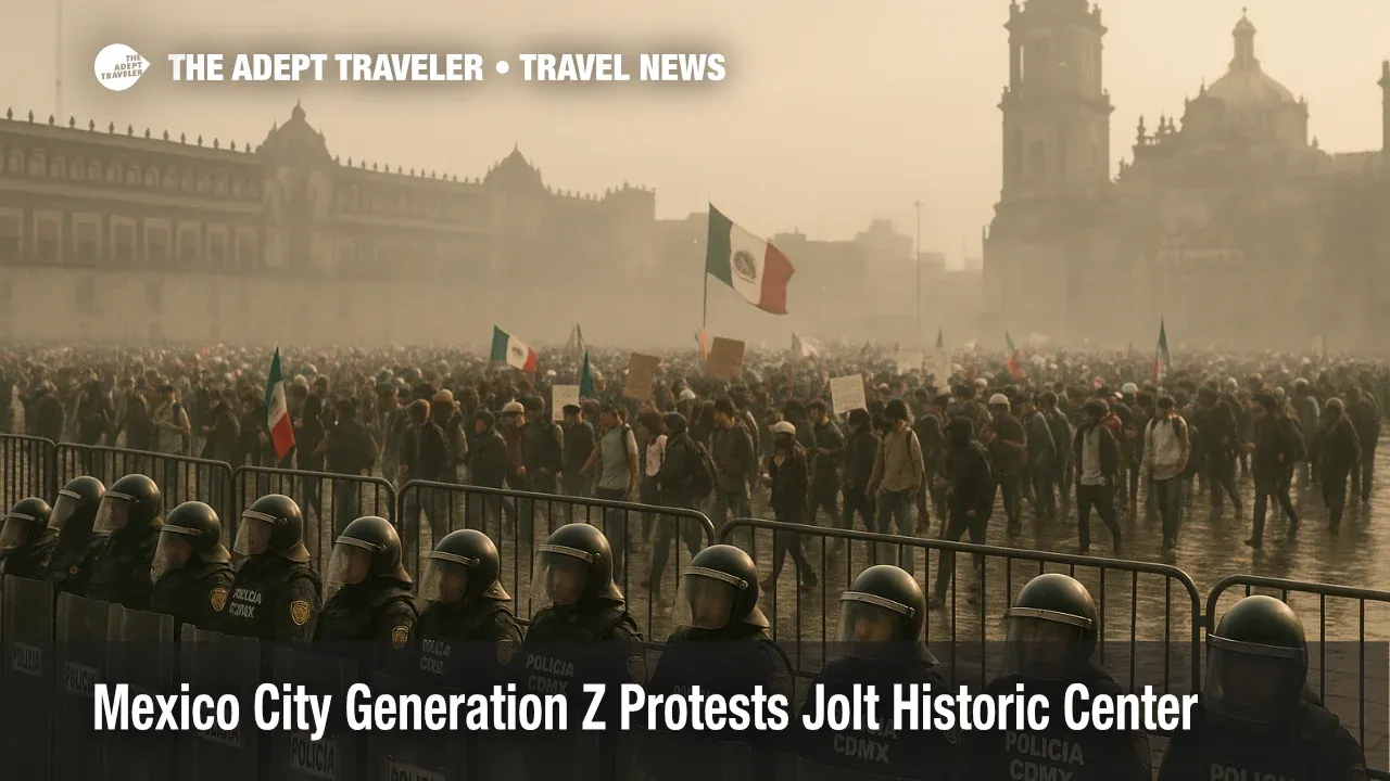 Police lines and protesters in Mexico City's Zocalo after Generation Z protests near the historic center.