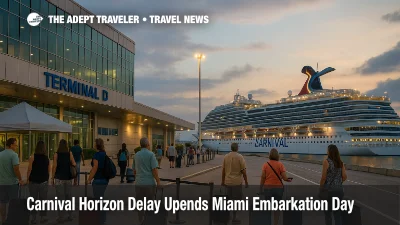 Carnival Horizon delay at PortMiami as cruise passengers wait with luggage outside Terminal D for a late embarkation