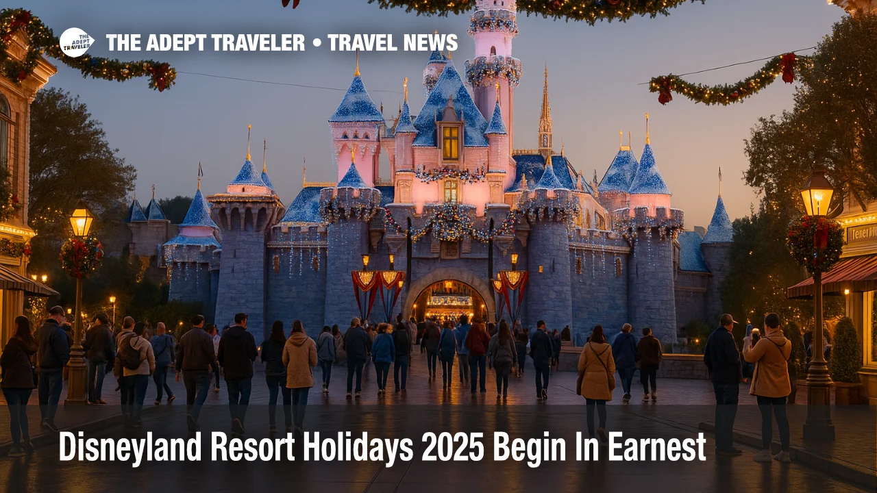 Sleeping Beauty Castle at Disneyland Resort holidays 2025, glowing with festive lights above garland lined Main Street and evening crowds