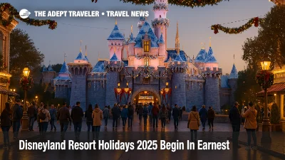 Sleeping Beauty Castle at Disneyland Resort holidays 2025, glowing with festive lights above garland lined Main Street and evening crowds