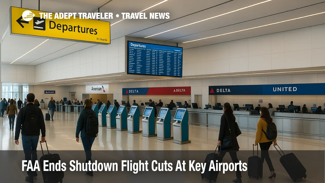 Travelers walking through LaGuardia departures hall as normal flight schedules resume after FAA ends shutdown flight cuts at key airports