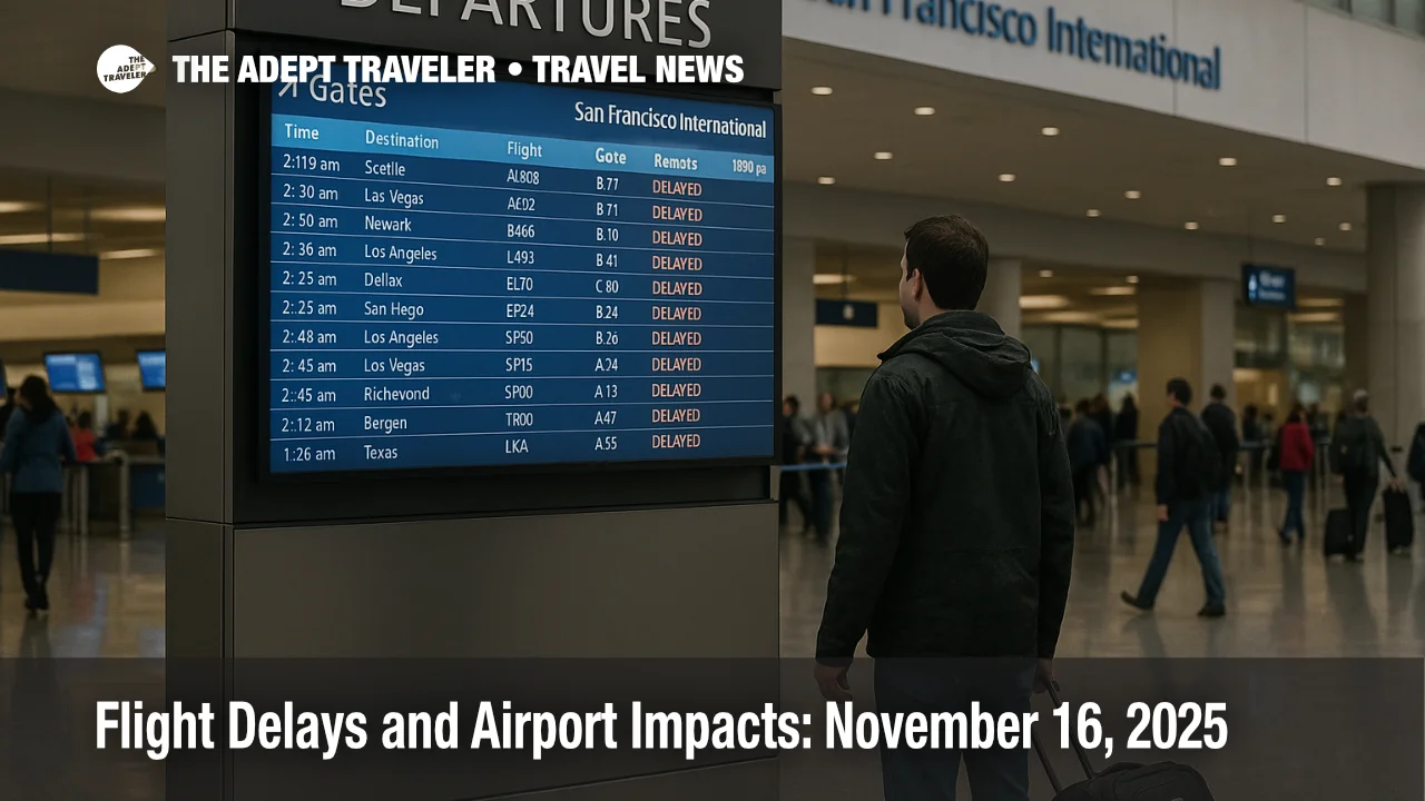 Traveler checks departures board at San Francisco International Airport amid weather related flight delays and changing times