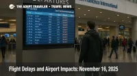 Traveler checks departures board at San Francisco International Airport amid weather related flight delays and changing times