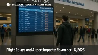 Traveler checks departures board at San Francisco International Airport amid weather related flight delays and changing times