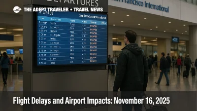 Traveler checks departures board at San Francisco International Airport amid weather related flight delays and changing times