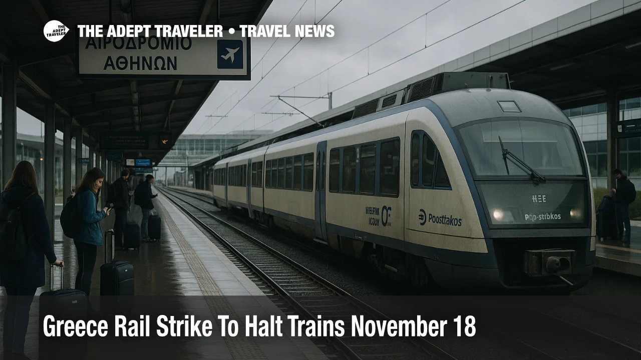 Travelers wait on Athens airport rail platform during Greece rail strike as stationary trains signal November 18 disruption