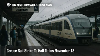 Travelers wait on Athens airport rail platform during Greece rail strike as stationary trains signal November 18 disruption