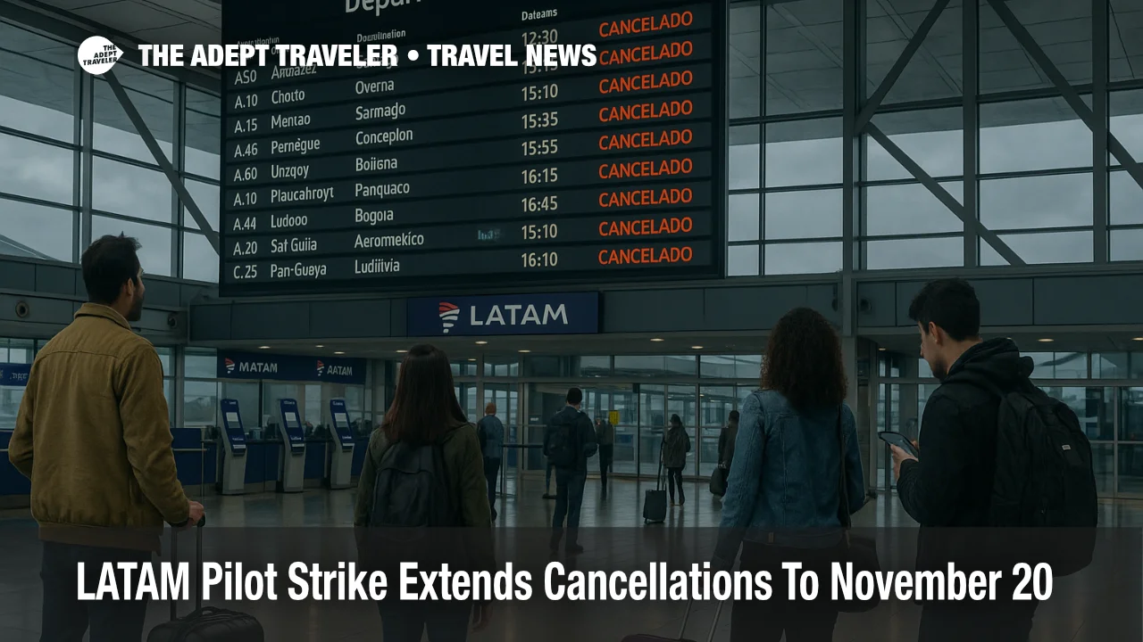 Departures hall at Santiago's main airport with a LATAM flight board showing multiple cancellations during the pilots strike in November 2025