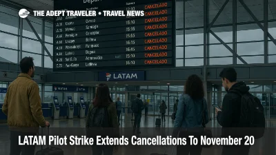 Departures hall at Santiago's main airport with a LATAM flight board showing multiple cancellations during the pilots strike in November 2025