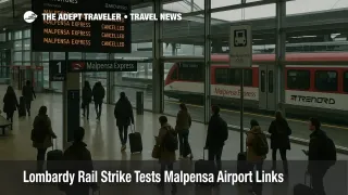 Travelers wait at the Malpensa Express platform as canceled trains push Milan Malpensa Airport rail passengers onto strike day replacement buses