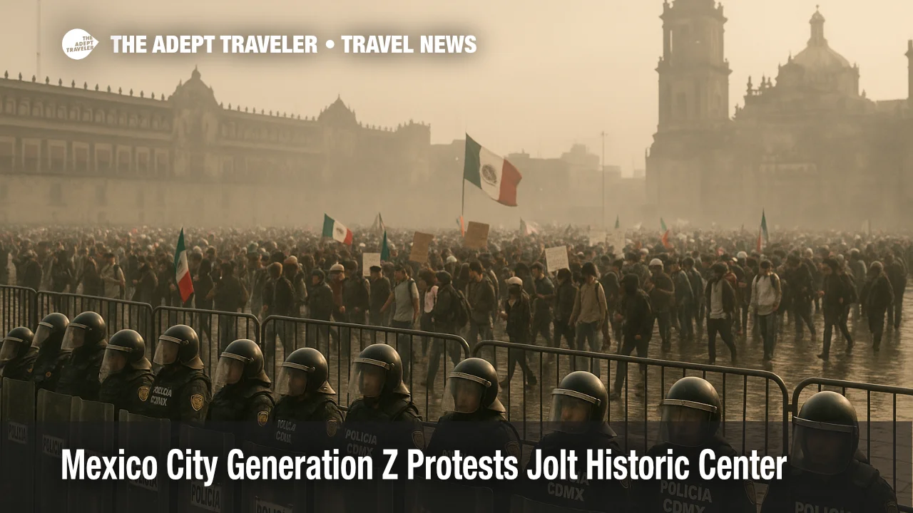 Police lines and protesters in Mexico City's Zocalo after Generation Z protests near the historic center.