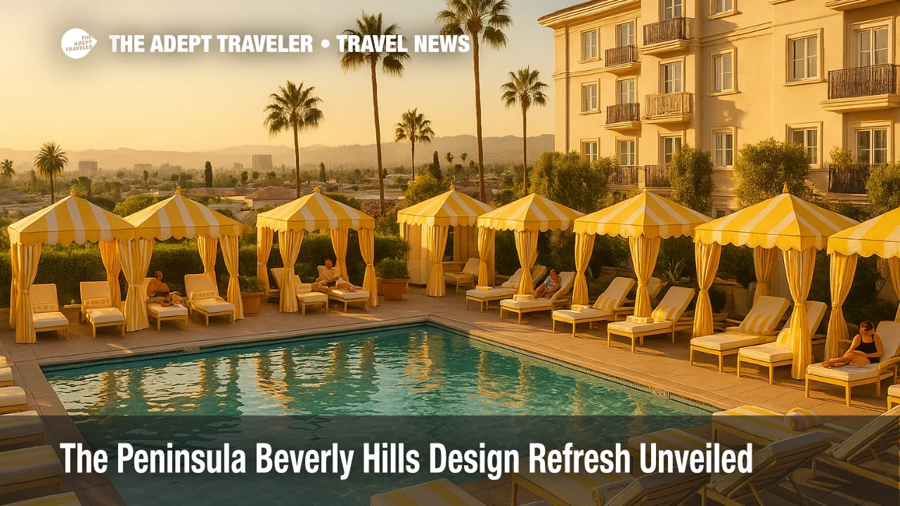 Rooftop pool at The Peninsula Beverly Hills with new yellow and white cabanas and loungers against the Beverly Hills skyline.