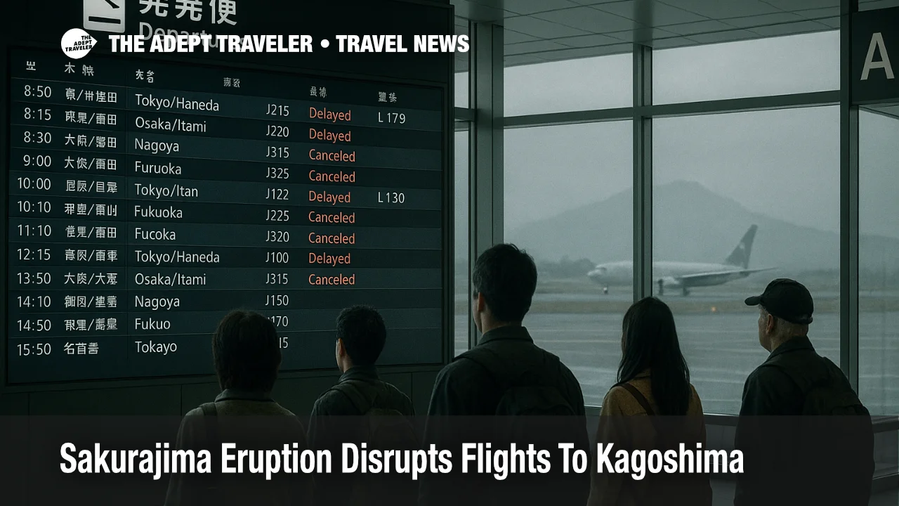 Travelers watch the departures board at Kagoshima Airport as Sakurajima eruption disrupts flights and ash hangs outside