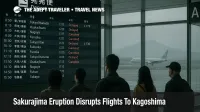 Travelers watch the departures board at Kagoshima Airport as Sakurajima eruption disrupts flights and ash hangs outside