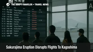 Travelers watch the departures board at Kagoshima Airport as Sakurajima eruption disrupts flights and ash hangs outside