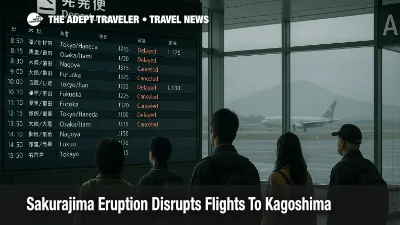 Travelers watch the departures board at Kagoshima Airport as Sakurajima eruption disrupts flights and ash hangs outside
