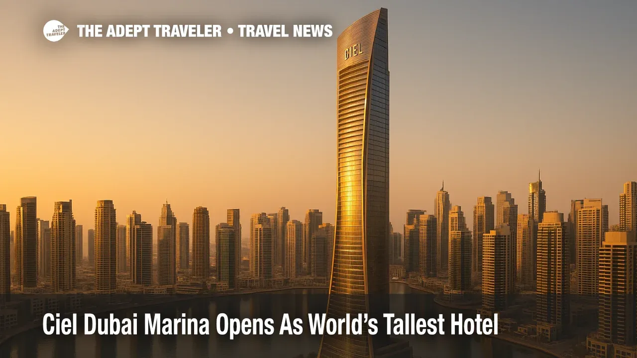 Ciel Dubai Marina tower rising above the Dubai Marina waterfront at sunset, highlighting the world's tallest hotel against nearby skyscrapers