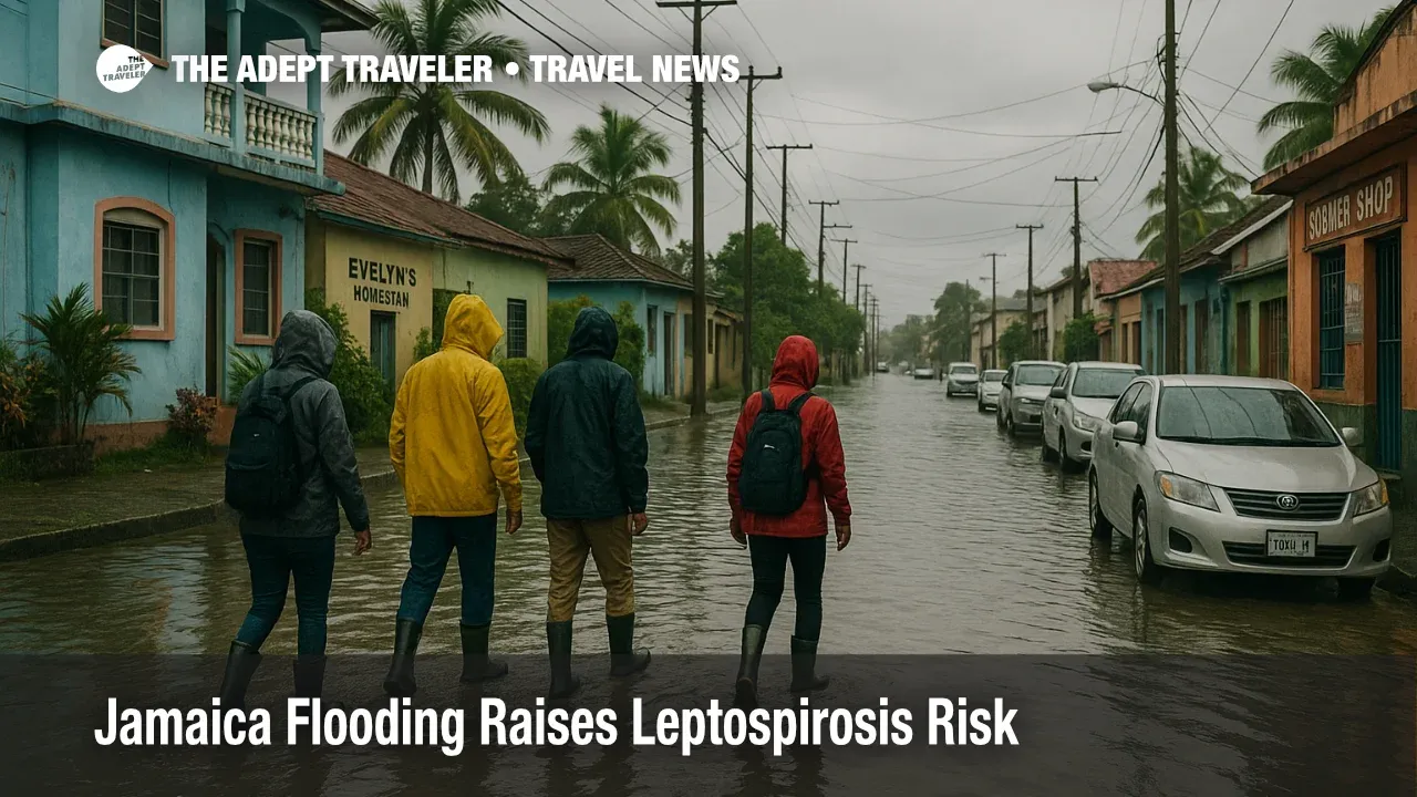 Shallow floodwater on a Montego Bay street after Hurricane Melissa, with travelers in boots walking past small guesthouses as health leptospirosis alerts rise in Jamaica