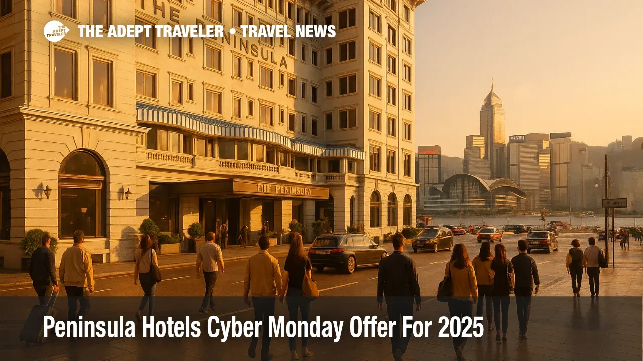 Travelers arriving at The Peninsula Hong Kong during golden hour, illustrating the Peninsula Hotels Cyber Monday offer for discounted winter stays