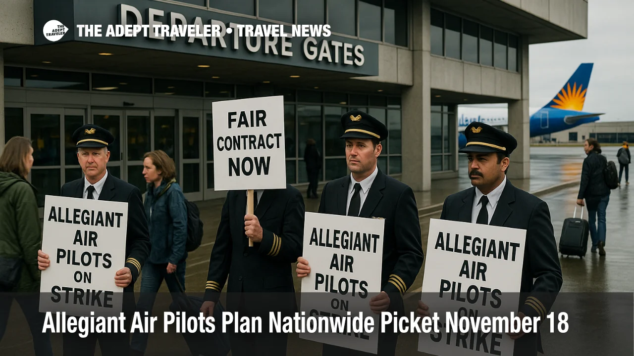Allegiant Air pilots hold signs during an informational picket outside the CVG departures curb as travelers walk into the terminal