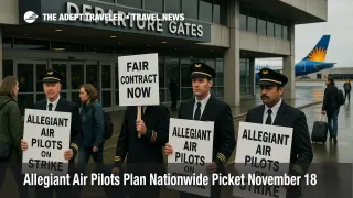 Allegiant Air pilots hold signs during an informational picket outside the CVG departures curb as travelers walk into the terminal