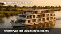 A Zambezi Queen safari river cruise ship sailing the Chobe River at sunset, part of AmaWaterways 2026 Africa Safaris and Wildlife itineraries