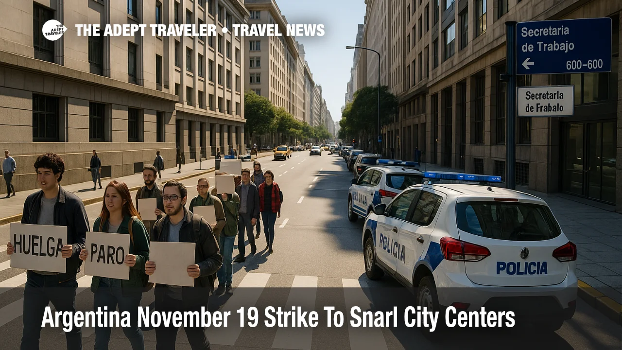 Protesters and police vehicles on Avenida Leandro N Alem in downtown Buenos Aires during the November 19 Argentina strike, with traffic slowed in the city center