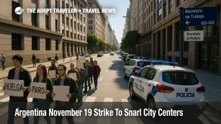 Protesters and police vehicles on Avenida Leandro N Alem in downtown Buenos Aires during the November 19 Argentina strike, with traffic slowed in the city center