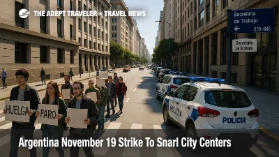 Protesters and police vehicles on Avenida Leandro N Alem in downtown Buenos Aires during the November 19 Argentina strike, with traffic slowed in the city center