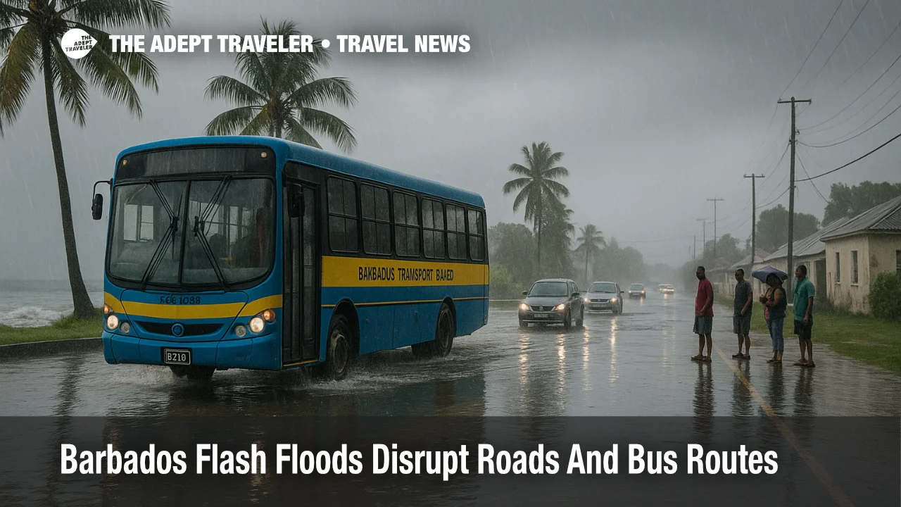 Barbados Transport Board bus drives through a flooded coastal road as flash flood warnings disrupt traffic and transfers