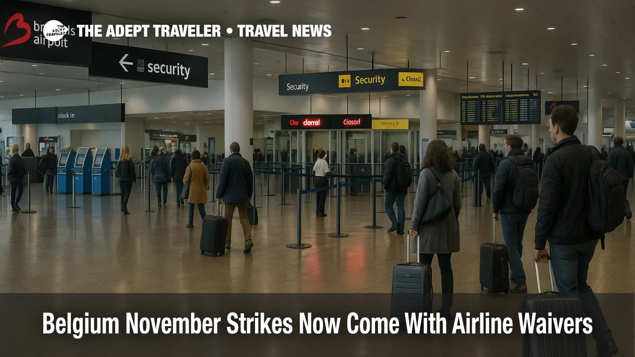 Travelers at Brussels Airport security during Belgium November strikes as transport disruptions prompt airline waivers.