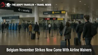 Travelers at Brussels Airport security during Belgium November strikes as transport disruptions prompt airline waivers.