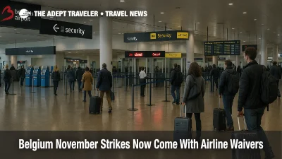 Travelers at Brussels Airport security during Belgium November strikes as transport disruptions prompt airline waivers.