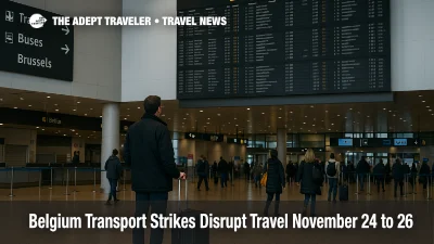 Travelers check the departures board inside Brussels Airport during Belgium transport strikes as rail and public transit disruptions affect access to flights