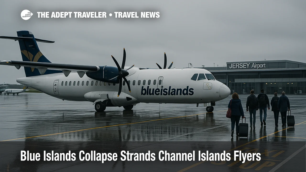 Blue Islands ATR 72 parked on a wet apron at Jersey Airport with passengers walking nearby after the airline’s collapse