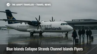 Blue Islands ATR 72 parked on a wet apron at Jersey Airport with passengers walking nearby after the airline’s collapse