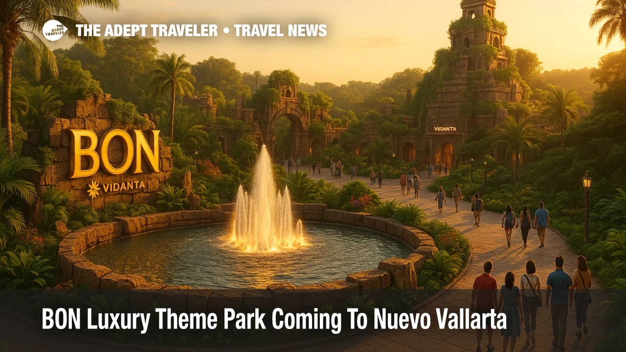 BON Luxury Theme Park lagoon fountain at VidantaWorld Nuevo Vallarta with tropical landscaping and arriving guests at sunset