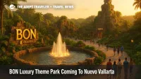 BON Luxury Theme Park lagoon fountain at VidantaWorld Nuevo Vallarta with tropical landscaping and arriving guests at sunset