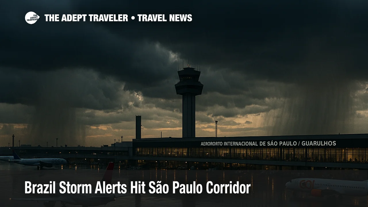 Storm clouds over Sao Paulo Guarulhos International Airport as Brazil storm alerts signal disruption risk for flights