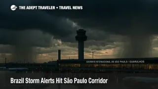 Storm clouds over Sao Paulo Guarulhos International Airport as Brazil storm alerts signal disruption risk for flights