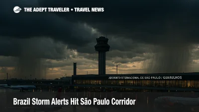 Storm clouds over Sao Paulo Guarulhos International Airport as Brazil storm alerts signal disruption risk for flights
