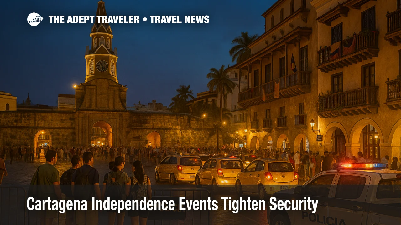 Police checkpoint and festival barriers near Cartagena's walled city as Independence events slow evening traffic and crowd movement