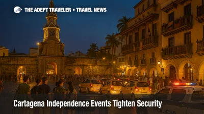 Police checkpoint and festival barriers near Cartagena's walled city as Independence events slow evening traffic and crowd movement